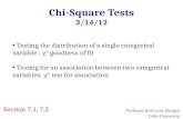 Chi-Square Tests 3/14/12 Testing the distribution of a single categorical variable :  2 goodness of fit Testing for an association between two categorical.