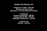 Greek and Roman Art Aegean Art 1600 -1100 BC: Minoan Art from Crete Mycenaen Art from Mainland Greece Greek Art: Archaic Period 600 - 480 BC Classic Period.