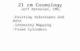 21 cm Cosmology Jeff Peterson, CMU -Existing telescopes and data -Intensity Mapping -Fixed Cylinders.