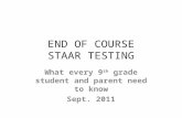 END OF COURSE STAAR TESTING What every 9 th grade student and parent need to know Sept. 2011.