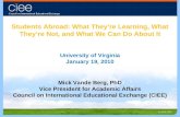 Students Abroad: What They’re Learning, What They’re Not, and What We Can Do About It University of Virginia January 19, 2010 Mick Vande Berg, PhD Vice.