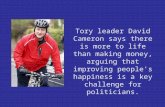 Tory leader David Cameron says there is more to life than making money, arguing that improving people's happiness is a key challenge for politicians.