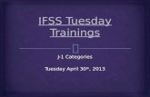 J-1 Categories Tuesday April 30 th, 2013.   J-1 Categories Handled by IFSS  J-1 Research Scholar  J-1 Professor  J-1 Short-Term Scholar  Non J-1.