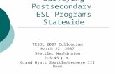 Surveying Postsecondary ESL Programs Statewide TESOL 2007 Colloquium March 22, 2007 Seattle, Washington 2-3:45 p.m. Grand Hyatt Seattle/Leonese III Room.