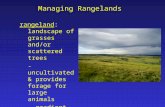 Managing Rangelands rangeland: landscape of grasses and/or scattered trees - uncultivated & provides forage for large animals - gradient in precipitation,