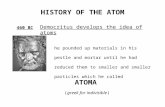 HISTORY OF THE ATOM 460 BC Democritus develops the idea of atoms he pounded up materials in his pestle and mortar until he had reduced them to smaller.