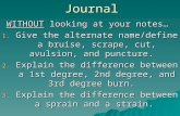 Journal WITHOUT looking at your notes… 1. Give the alternate name/define a bruise, scrape, cut, avulsion, and puncture. 2. Explain the difference between.
