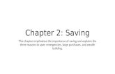 Chapter 2: Saving This chapter emphasizes the importance of saving and explains the three reasons to save: emergencies, large purchases, and wealth building.