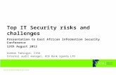 Top IT Security risks and challenges Presentation to East African Information Security Conference 13th August 2013 Gideon Twesigye, CISA Internal audit.