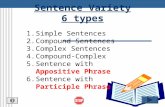 Sentence Variety 6 types 1.Simple Sentences 2.Compound Sentences 3.Complex Sentences 4.Compound-Complex 5.Sentence with Appositive Phrase 6.Sentence with.