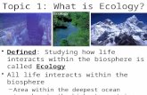 Topic 1: What is Ecology? Defined: Studying how life interacts within the biosphere is called Ecology All life interacts within the biosphere –Area within.