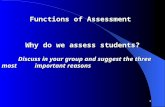 1 Functions of Assessment Why do we assess students? Discuss in your group and suggest the three most important reasons.