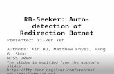 RB-Seeker: Auto-detection of Redirection Botnet Presenter: Yi-Ren Yeh Authors: Xin Hu, Matthew Knysz, Kang G. Shin NDSS 2009 The slides is modified from.