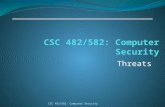 Threats CSC 482/582: Computer Security. What are threats? What threats can you think of to your home? To your money (including bank accounts, checks,