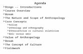 Agenda  Bingo -- Introductions  Course Overview  Break  The Nature and Scope of Anthropology  Core Concepts  holism  ethnology and ethnography