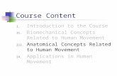 Course Content I.Introduction to the Course II.Biomechanical Concepts Related to Human Movement III.Anatomical Concepts Related to Human Movement IV.Applications.