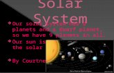 Our solar system has 8 planets and a dwarf planet, so we have 9 planets in all.  Our sun is in the middle of the solar system.  By Courtney Sindoni.