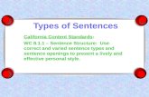 Types of Sentences California Content Standards: WC 8.1.1 – Sentence Structure: Use correct and varied sentence types and sentence openings to present.