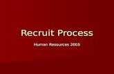Recruit Process Human Resources 2005. Need to fill a position Determine funding Determine funding –Regular  Allocation Available  Salary Budget –Restricted.