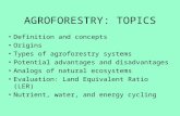 AGROFORESTRY: TOPICS Definition and concepts Origins Types of agroforestry systems Potential advantages and disadvantages Analogs of natural ecosystems.