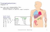 Transplantation Immunology1 Transplantation: Chapter 17 You are not responsible for: Immunosuppressive therapies Clinical aspects of specific organ transplants.