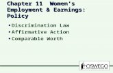 Chapter 11 Women’s Employment & Earnings: Policy Discrimination Law Affirmative Action Comparable Worth Discrimination Law Affirmative Action Comparable.