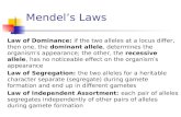 Mendel’s Laws Law of Dominance: if the two alleles at a locus differ, then one, the dominant allele, determines the organism′s appearance; the other, the.