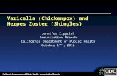 Varicella (Chickenpox) and Herpes Zoster (Shingles) Jennifer Zipprich Immunization Branch California Department of Public Health October 17 th, 2012.