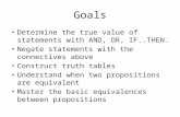 Goals Determine the true value of statements with AND, OR, IF..THEN. Negate statements with the connectives above Construct truth tables Understand when.