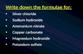 Write down the formulae for: Silver chloride Sodium hydroxide Ammonium nitrate Copper carbonate Magnesium hydroxide Potassium sulfate.