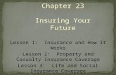 Chapter 23 Insuring Your Future Lesson 1: Insurance and How It Works Lesson 2: Property and Casualty Insurance Coverage Lesson 3: Life and Social Insurance.