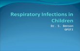 Dr. S. Benson GPSTI. Infections URTI Croup Epiglottitis Whooping Cough Bronchiolitis Pneumonia TB.