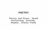 POETRY Poetry and Prose. Sound Patterning. Prosody. Rhymes. Stanza Forms.
