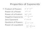 Properties of Exponents Product of Powers Power of a Power Power of a Product Negative Exponents Zero Exponent Quotient of Powers Power of a quotient.
