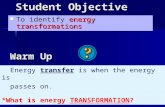 1 Student Objective To identify energy transformations To identify energy transformations Energy transfer is when the energy is passes on. *What is energy.