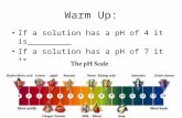 Warm Up: If a solution has a pH of 4 it is_________ If a solution has a pH of 7 it is __________ If a solution has a pH of 11 it is _________.