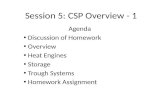 Session 5: CSP Overview - 1 Agenda Discussion of Homework Overview Heat Engines Storage Trough Systems Homework Assignment.