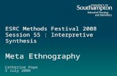 ESRC Methods Festival 2008 Session 55 : Interpretive Synthesis Meta Ethnography Catherine Pope 3 July 2008.