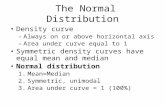 Density curve – Always on or above horizontal axis – Area under curve equal to 1 Symmetric density curves have equal mean and median Normal distribution.