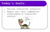 Today’s Goals: 1.Review character analysis 2.Begin our next summative assessment—a character analysis essay. Yay, essays!