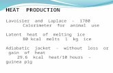 HEAT PRODUCTION Lavoisier and Laplace - 1780 Calorimeter for animal use Latent heat of melting ice 80 kcal melts 1 kg ice Adiabatic jacket - without loss.