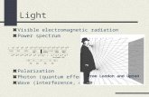 Light Visible electromagnetic radiation Power spectrum Polarization Photon (quantum effects) Wave (interference, diffraction) From London and Upton.