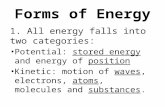 Forms of Energy 1. All energy falls into two categories: Potential: stored energy and energy of position Kinetic: motion of waves, electrons, atoms, molecules.