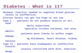 Diabetes – What is it? Hormone (insulin) needed to regulate blood glucose levels is ineffective; Glucose levels can get too high or too low Type I - patients.