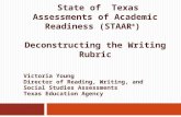 State of Texas Assessments of Academic Readiness (STAAR ® ) Deconstructing the Writing Rubric Victoria Young Director of Reading, Writing, and Social Studies.