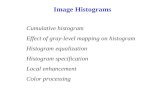 Image Histograms Cumulative histogram Effect of gray-level mapping on histogram Histogram equalization Histogram specification Local enhancement Color.