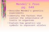 Mendel’s Peas pg. 648 Describe Mendel’s genetics experiments Identify the factors that control the inheritance of traits in organisms Explain how genetics.
