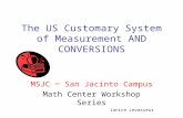 The US Customary System of Measurement AND CONVERSIONS MSJC ~ San Jacinto Campus Math Center Workshop Series Janice Levasseur.