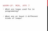 WARM-UP: MON, APR 7 What are loops used for in programming? What are at least 2 different kinds of loops?