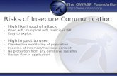 The OWASP Foundation  Risks of Insecure Communication High likelihood of attack Open wifi, munipical wifi, malicious ISP Easy to exploit.